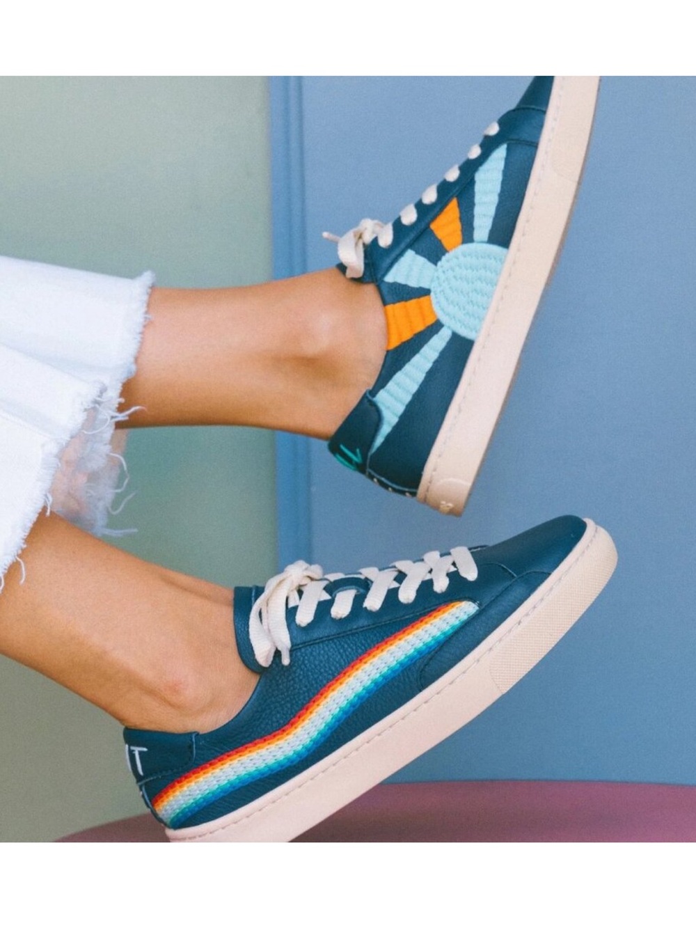 Soludos Teal Low-Top Sneakers with Rainbow Stripe